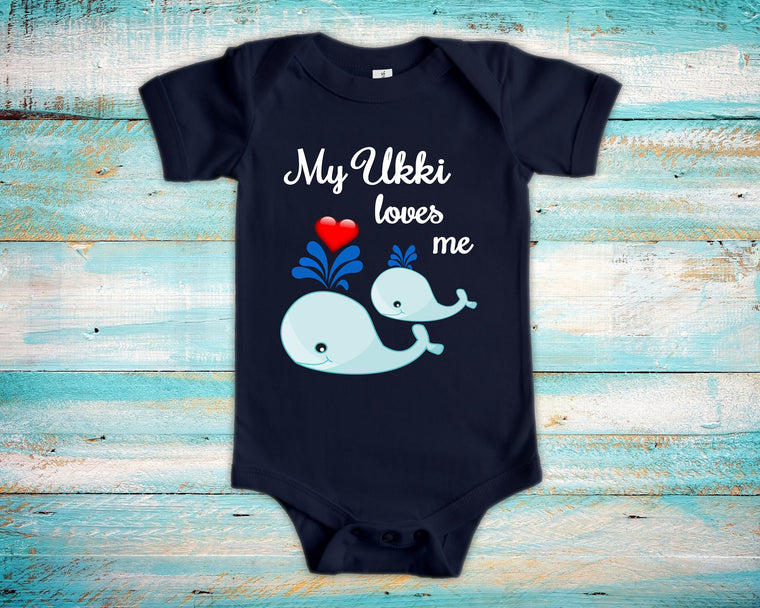 Ukki Loves Me Cute Grandpa Name Whale Baby Bodysuit, Tshirt or Toddler Shirt Finnish Grandfather Gift or Pregnancy Reveal Announcement
