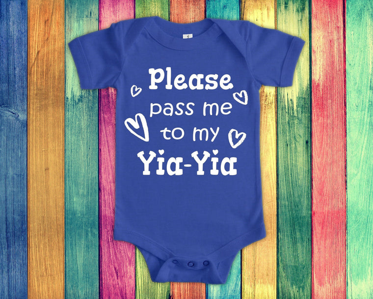 Pass Me To Yia-Yia Cute Grandma Baby Bodysuit, Tshirt or Toddler Shirt Greece Greek Grandmother Gift or Pregnancy Announcement