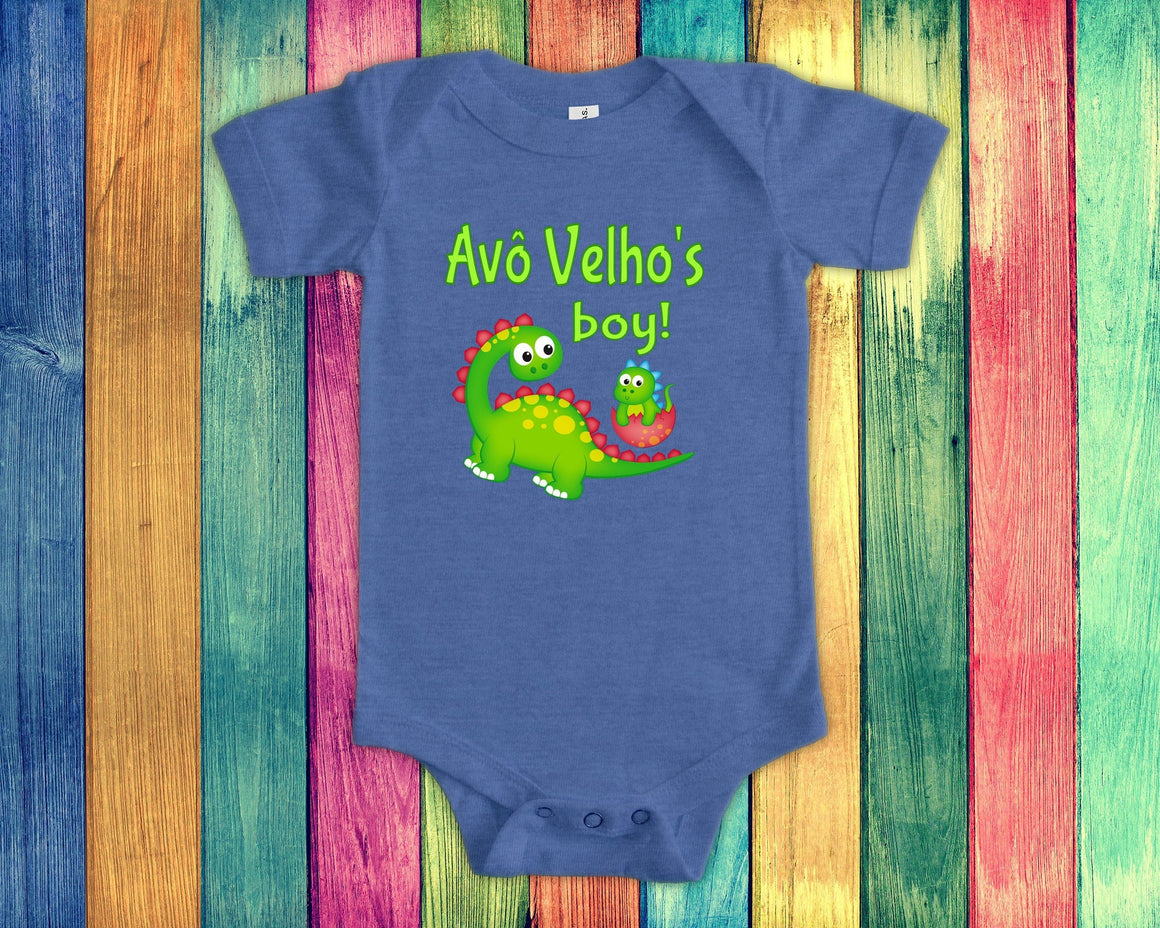 Avô Velho's Boy Cute Grandpa Name Dinosaur Baby Bodysuit, Tshirt or Toddler Shirt for a Brazilian Grandfather Gift or Pregnancy Reveal