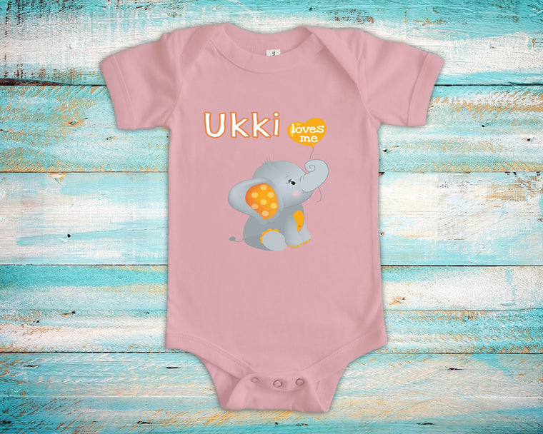 Ukki Loves Me Cute Grandpa Name Elephant Baby Bodysuit, Tshirt or Toddler Shirt Finnish Grandfather Gift or Pregnancy Reveal Announcement
