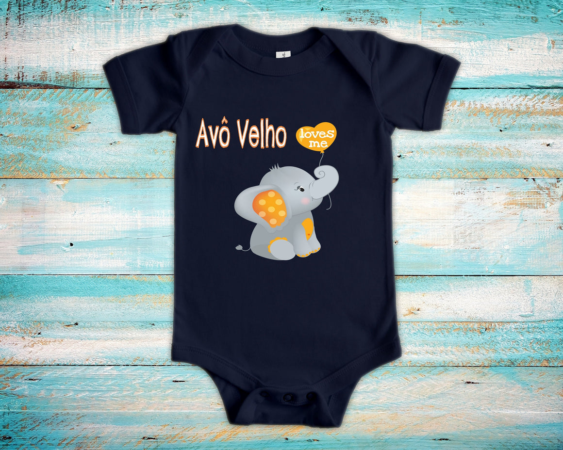 Avô Velho Loves Me Cute Grandpa Name Elephant Baby Bodysuit,Tshirt or Toddler Shirt Brazilian Grandfather Gift or Pregnancy Announcement