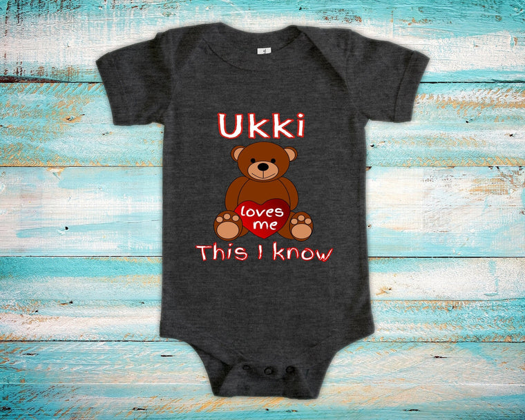 Ukki Loves Me Cute Grandpa Name Bear Baby Bodysuit, Tshirt or Toddler Shirt Finnish Grandfather Gift or Pregnancy Reveal Announcement