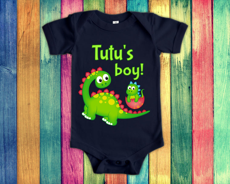 Tutu's Boy Cute Grandma Name Dinosaur Baby Bodysuit, Tshirt or Toddler Shirt for Hawaiian Grandmother Gift or Pregnancy Reveal Announcement