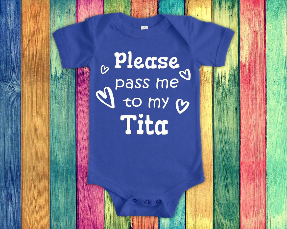 Pass Me To Tita Cute Grandma Name Baby Bodysuit, Tshirt or Toddler Shirt Philippines or Spanish Grandmother Gift or Pregnancy Announcement