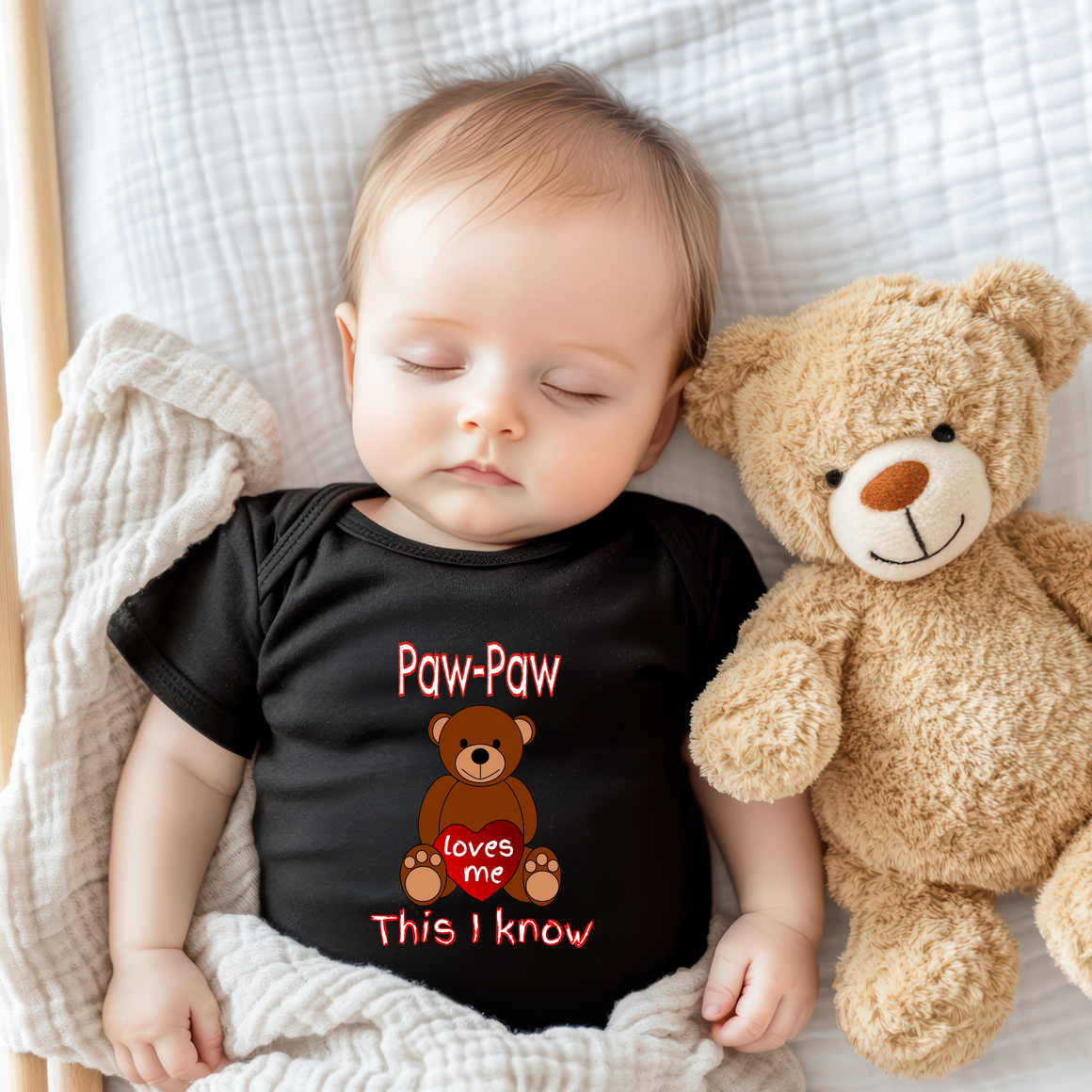 A sleeping baby wearing a black t-shirt with a teddy bear next to them.