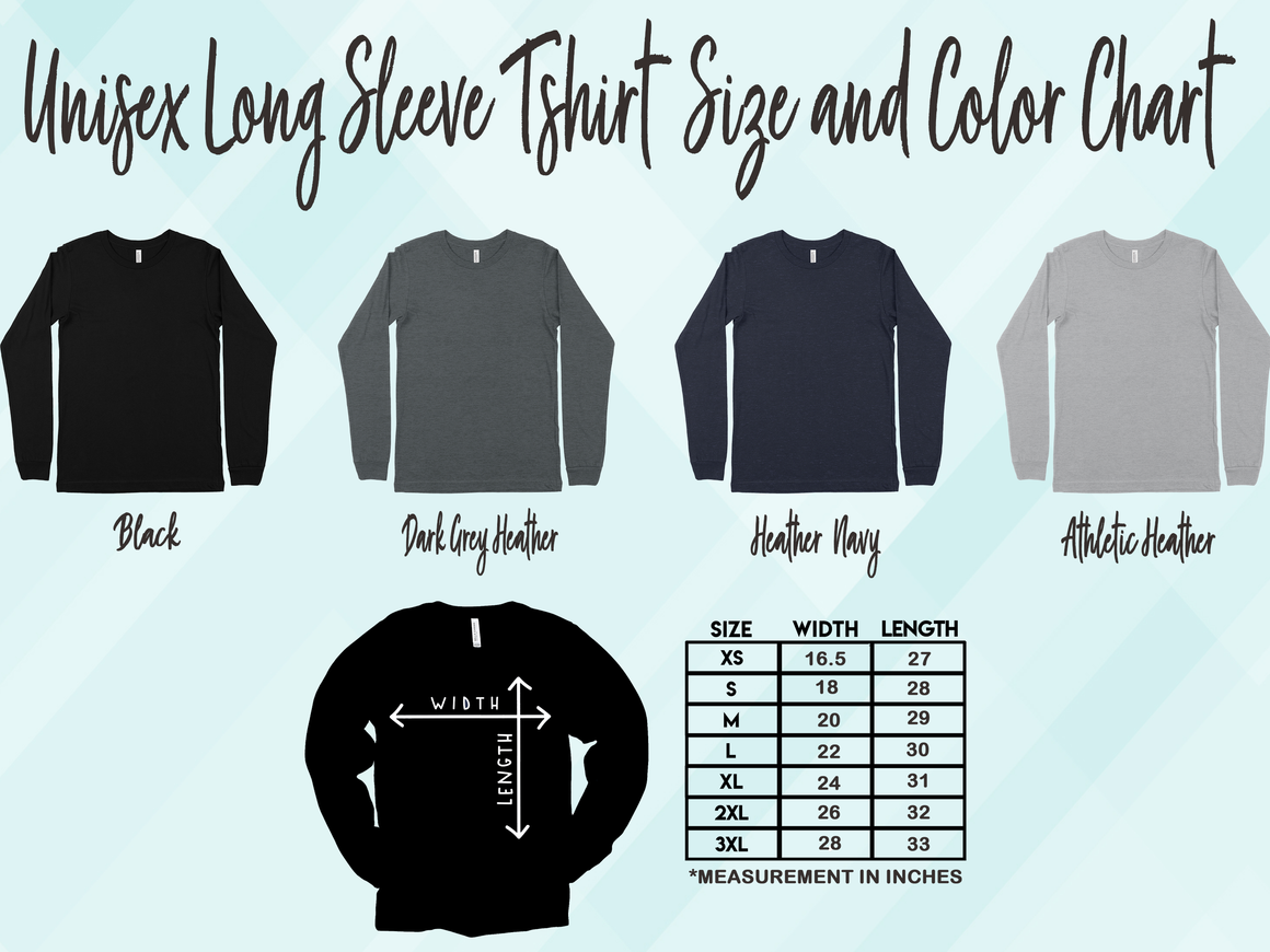 long sleeve shirt sizes and color chart