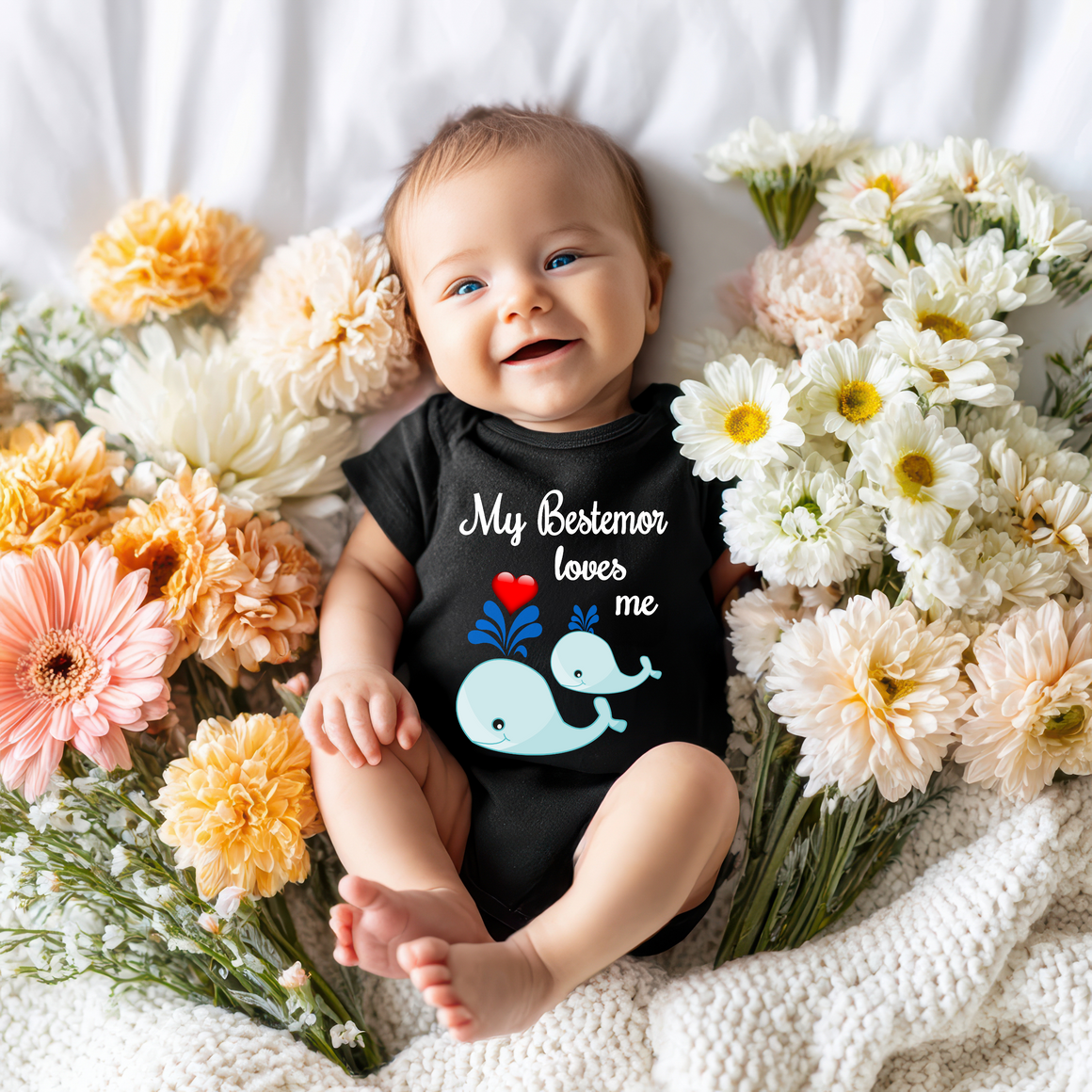 A smiling baby wearing a black shirt with a whale design lies on a bed surrounded by colorful flowers.