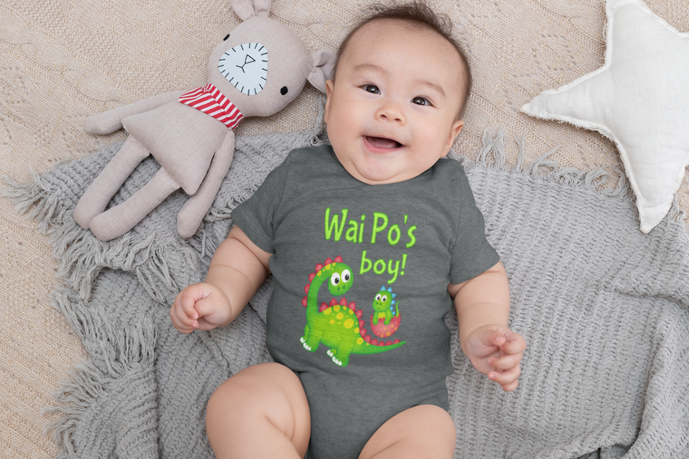 A baby wearing a gray onesie with a dinosaur design and the text "Wai Po's boy!" is lying on a gray blanket, smiling and surrounded by stuffed animals.