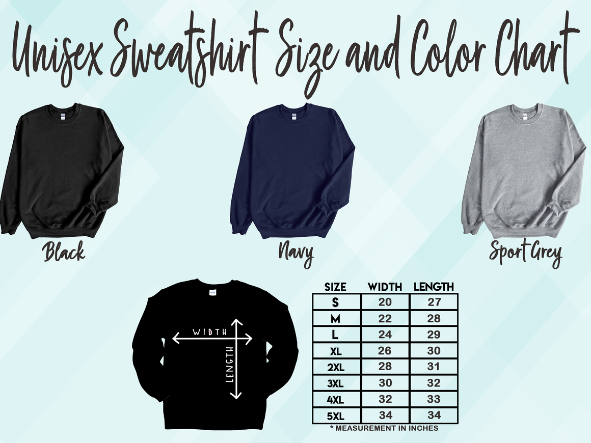 a graphic of a sweatshirt size and color chart