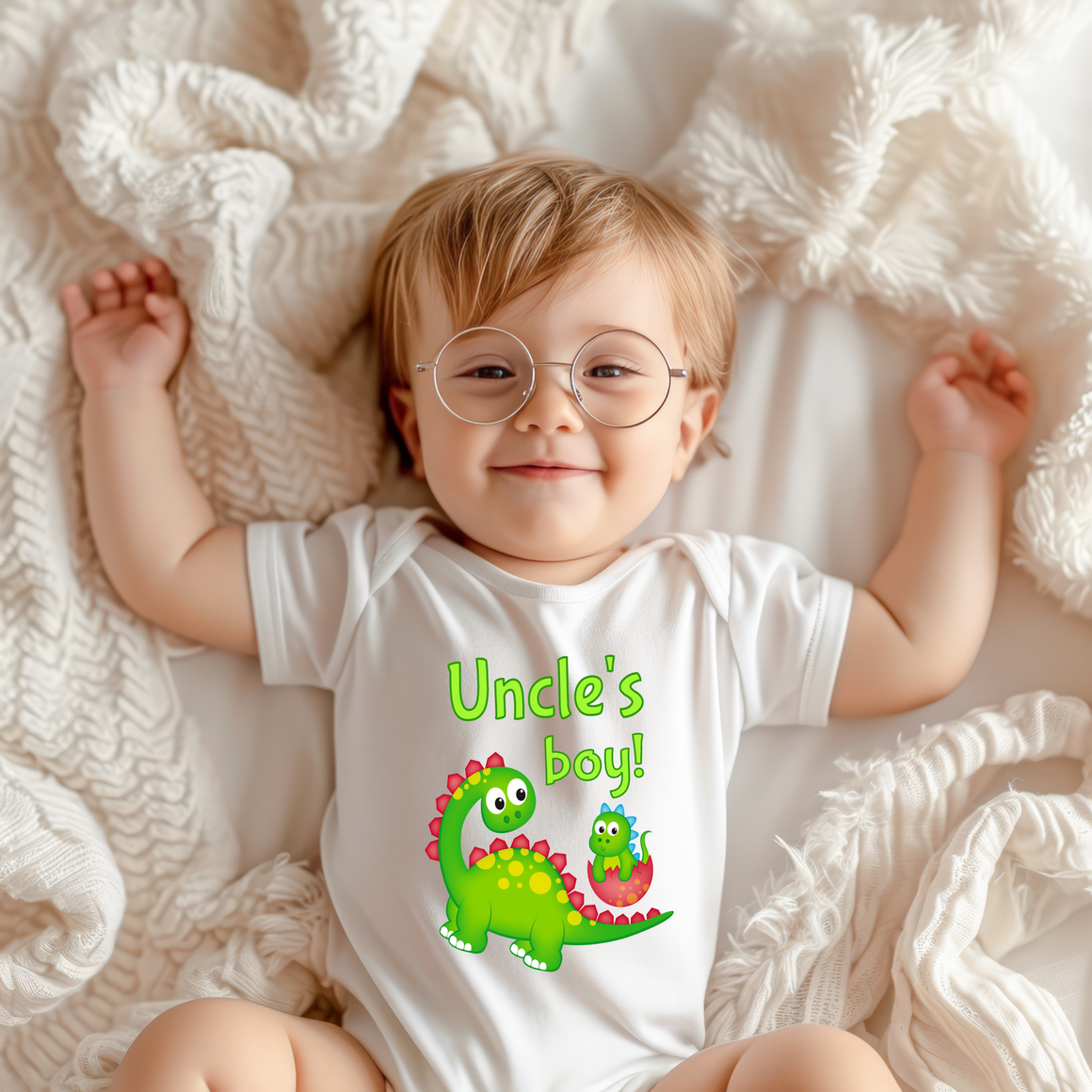 A smiling baby wearing a white onesie with a dinosaur graphic and the text "Uncle's boy!" lying on a white blanket.