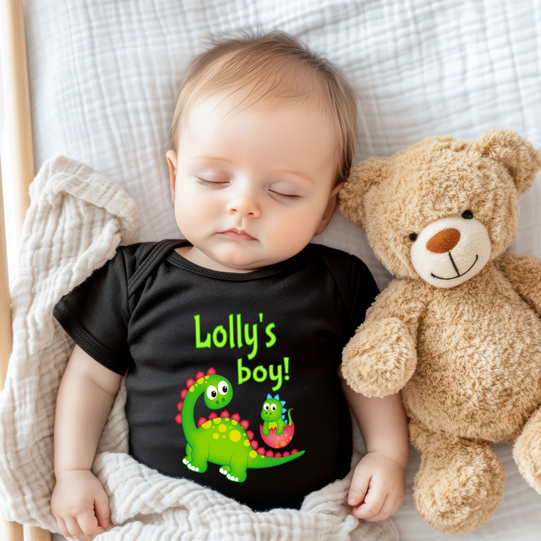 A sleeping baby wearing a black shirt with a dinosaur design and the text "Lolly's boy!" next to a teddy bear.