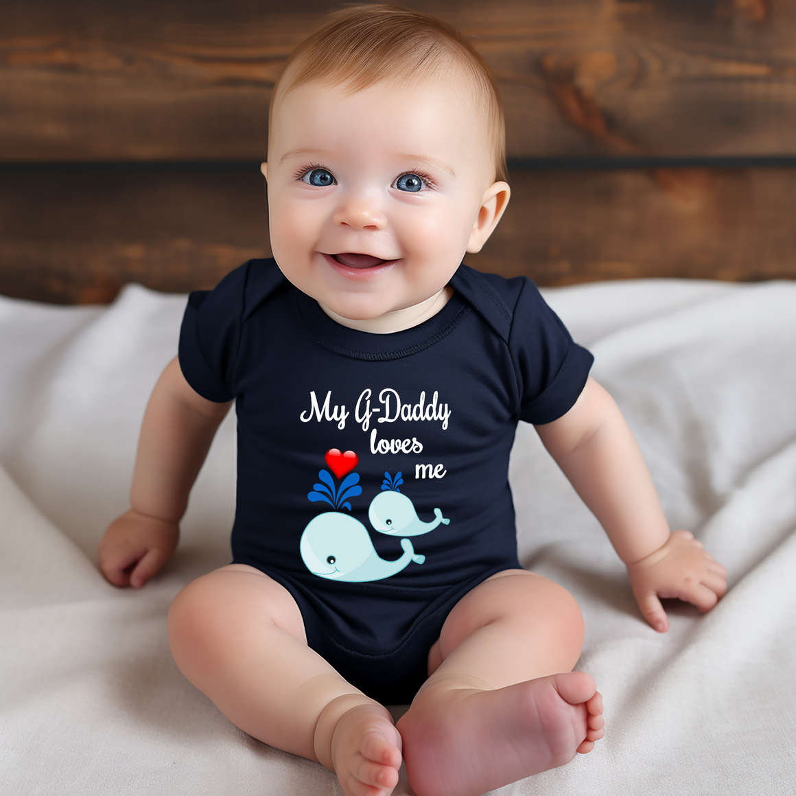 A smiling baby wearing a navy blue onesie with a whale design and the text "My G-daddy loves me" printed on it.