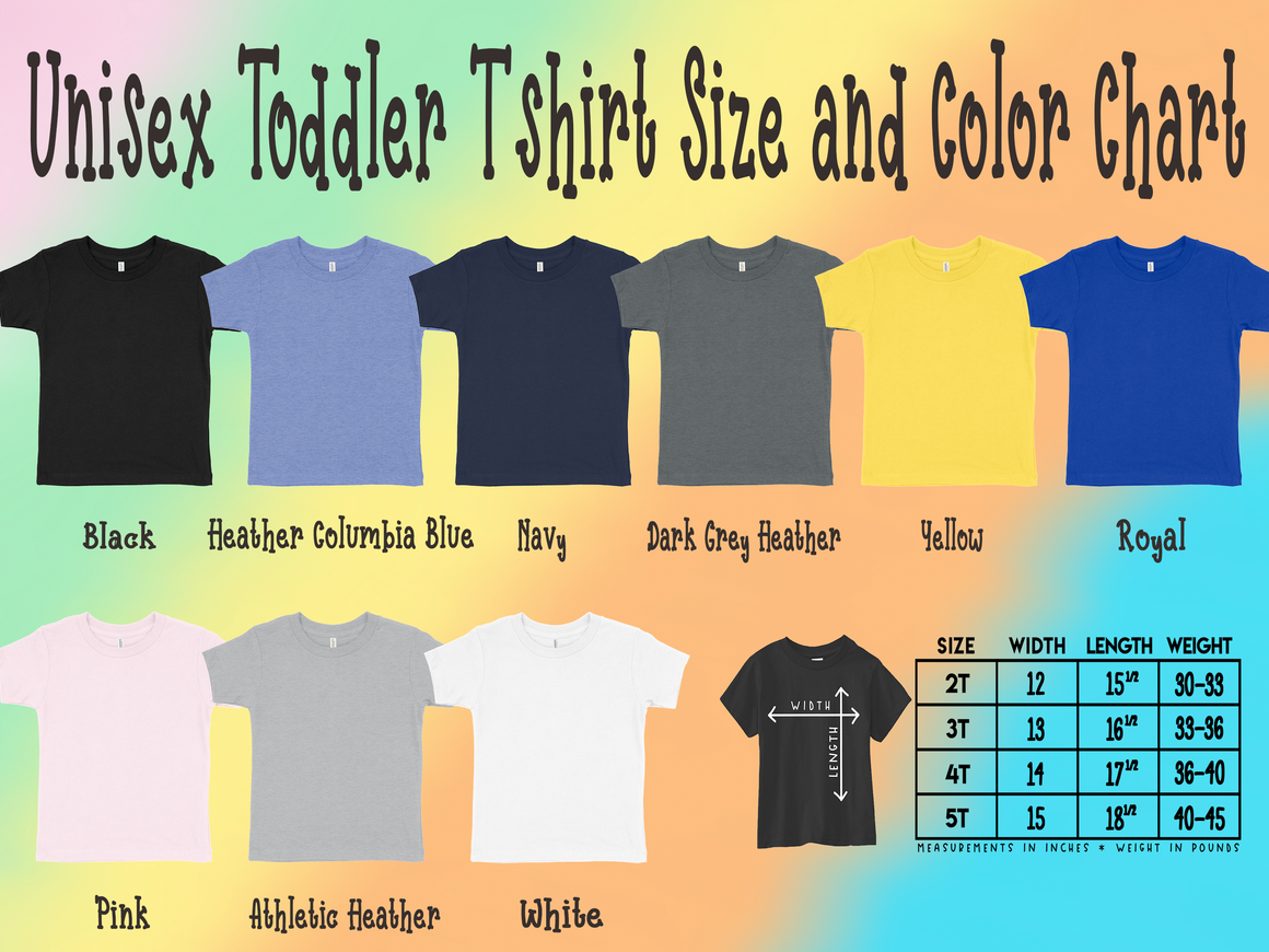 a color chart for unisex toddler t-shirts, showing the different sizes and colors available.