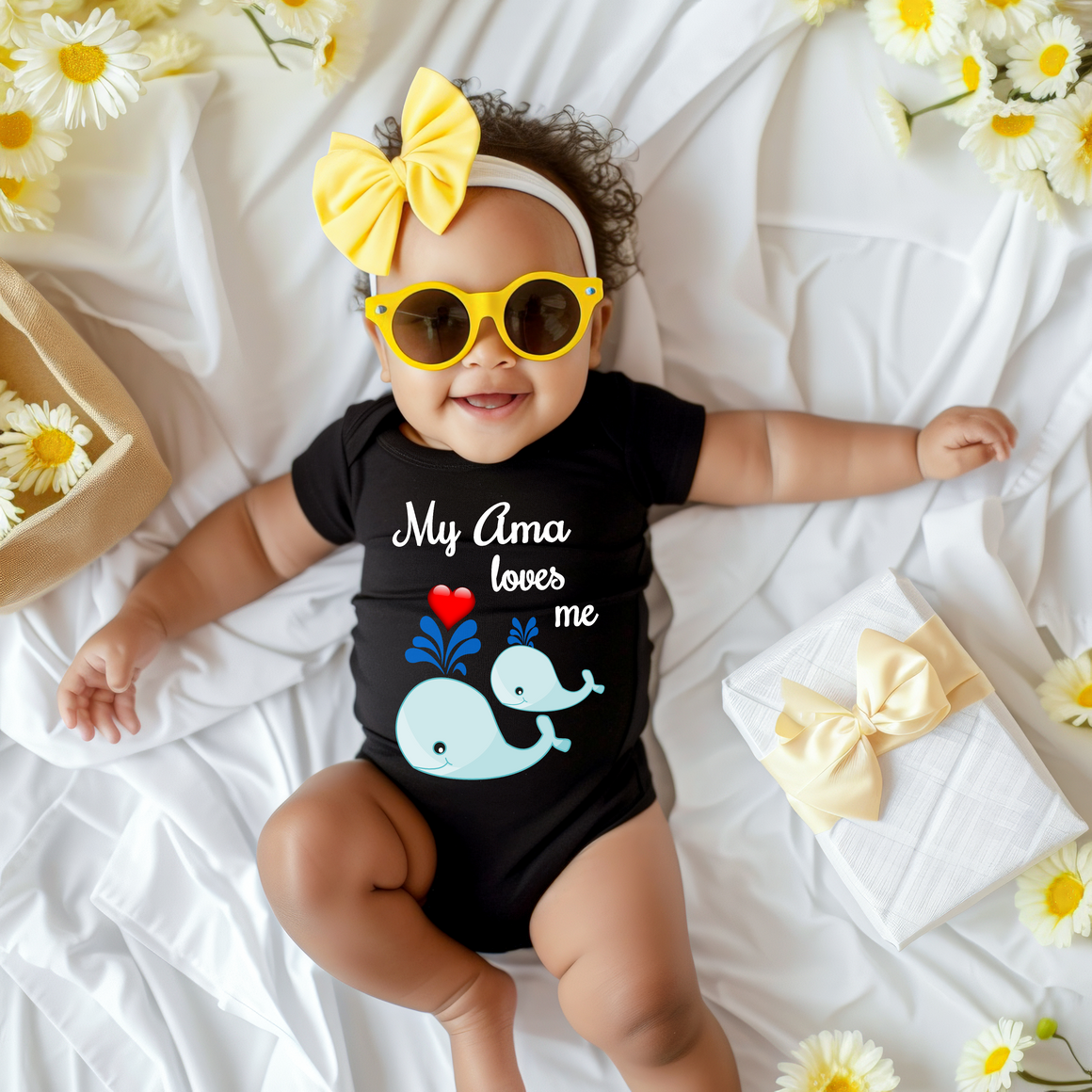 A smiling baby girl wearing a black outfit with a whale design and yellow sunglasses, surrounded by yellow flowers on a white sheet.
