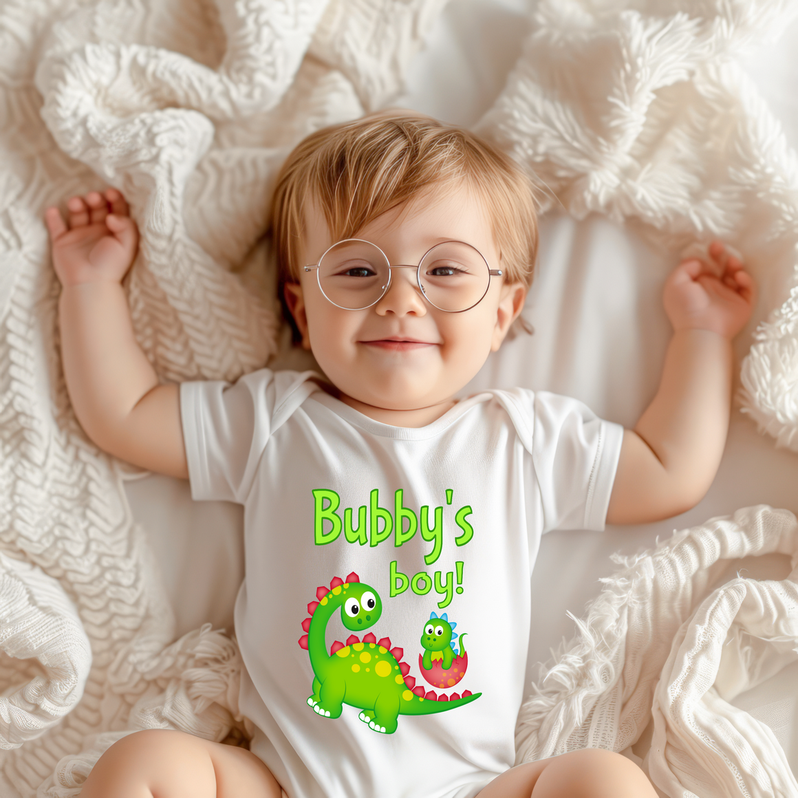 A smiling baby wearing a white onesie with a dinosaur graphic and the text "Bubby's boy!" lying on a white blanket.
