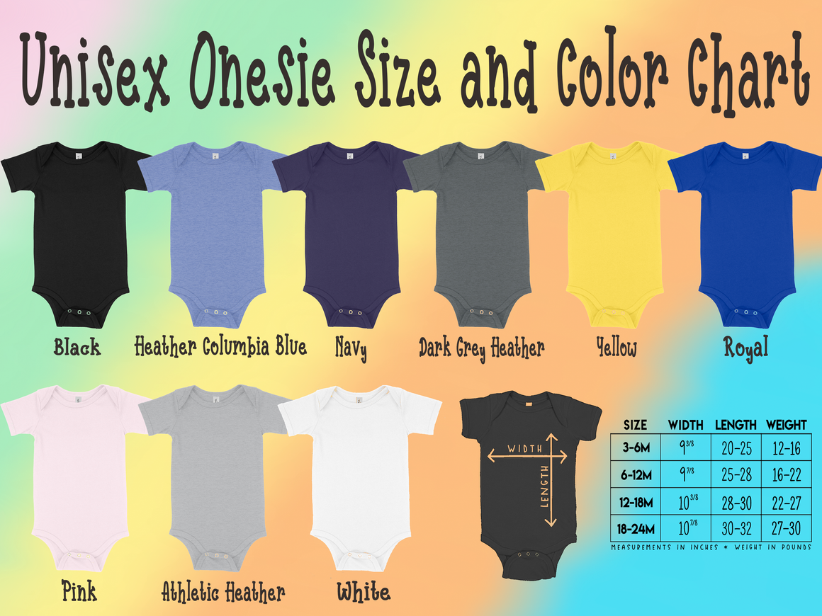 a color chart for unisex onesies, showing the different sizes and colors available.