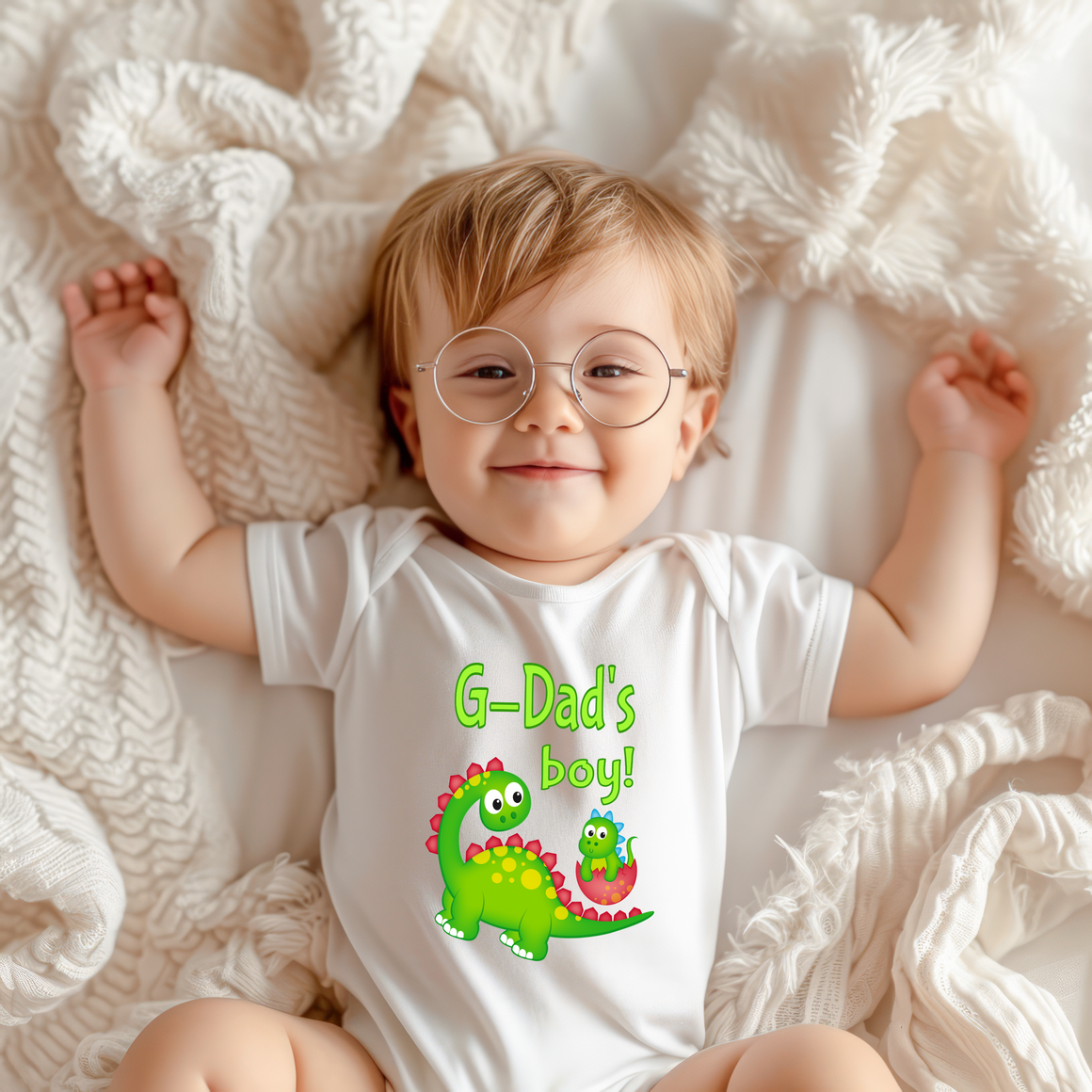 A smiling baby wearing a white onesie with a dinosaur graphic and the text "G-Dad's boy!" lying on a white blanket.