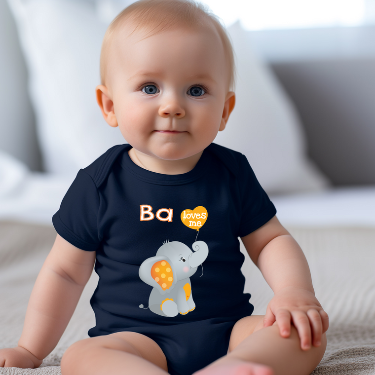 A smiling baby boy wearing a navy blue t-shirt with an elephant graphic and the text "Ba loves me" printed on it.