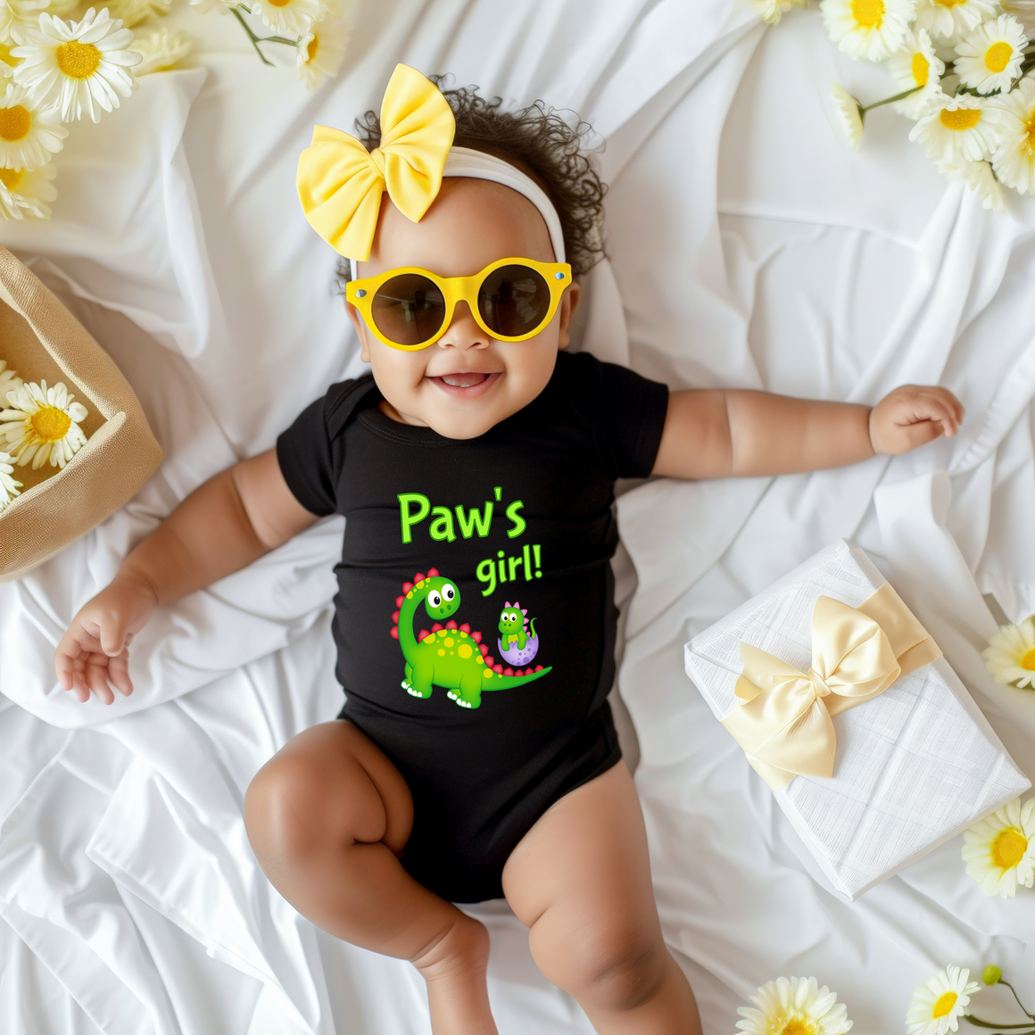 A smiling baby girl wearing a black outfit with a dinosaur graphic and yellow sunglasses, surrounded by yellow flowers on a white sheet.