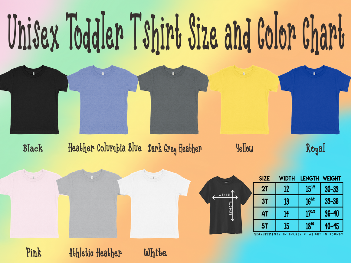 a color chart for unisex toddler t-shirts, showing the different sizes and colors available.