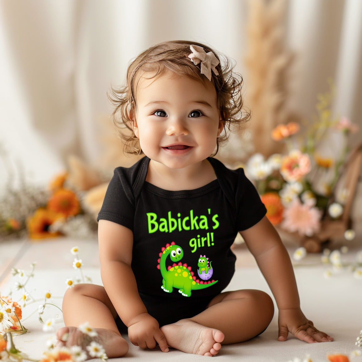 Babicka's Girl Cute Grandma Name Dinosaur Baby Bodysuit, Tshirt or Toddler Shirt for a Slovakian Grandmother Gift or Pregnancy Announcement
