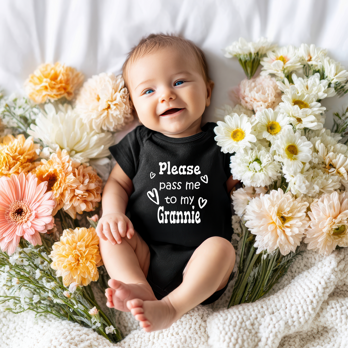 Pass Me To Grannie Cute Grandma Baby Bodysuit, Tshirt or Toddler Shirt Special Grandmother Gift or Pregnancy Announcement