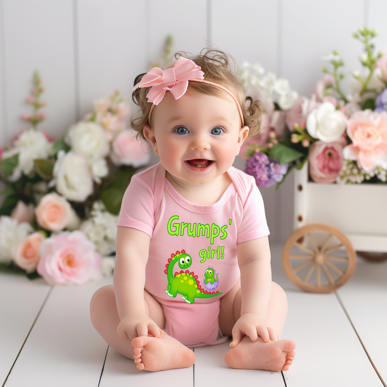 Grumps' Girl Cute Grandpa Name Dinosaur Baby Bodysuit, Tshirt, Toddler Shirt for a Special Grandfather Gift or Pregnancy Reveal Announcement