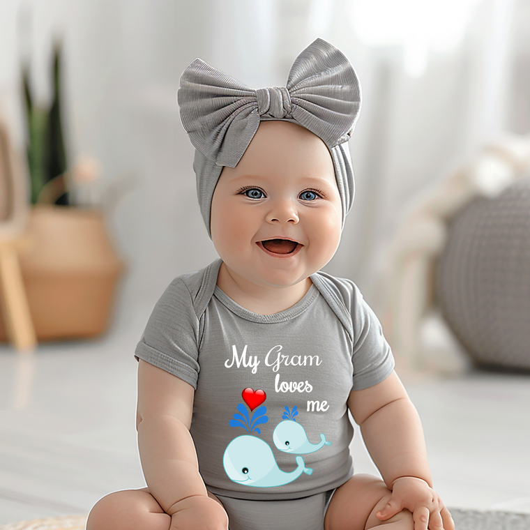 Gram Loves Me Cute Grandma Name Whale Baby Bodysuit Unique Grandmother Gift for Granddaughter or Grandson or Pregnancy Announcement