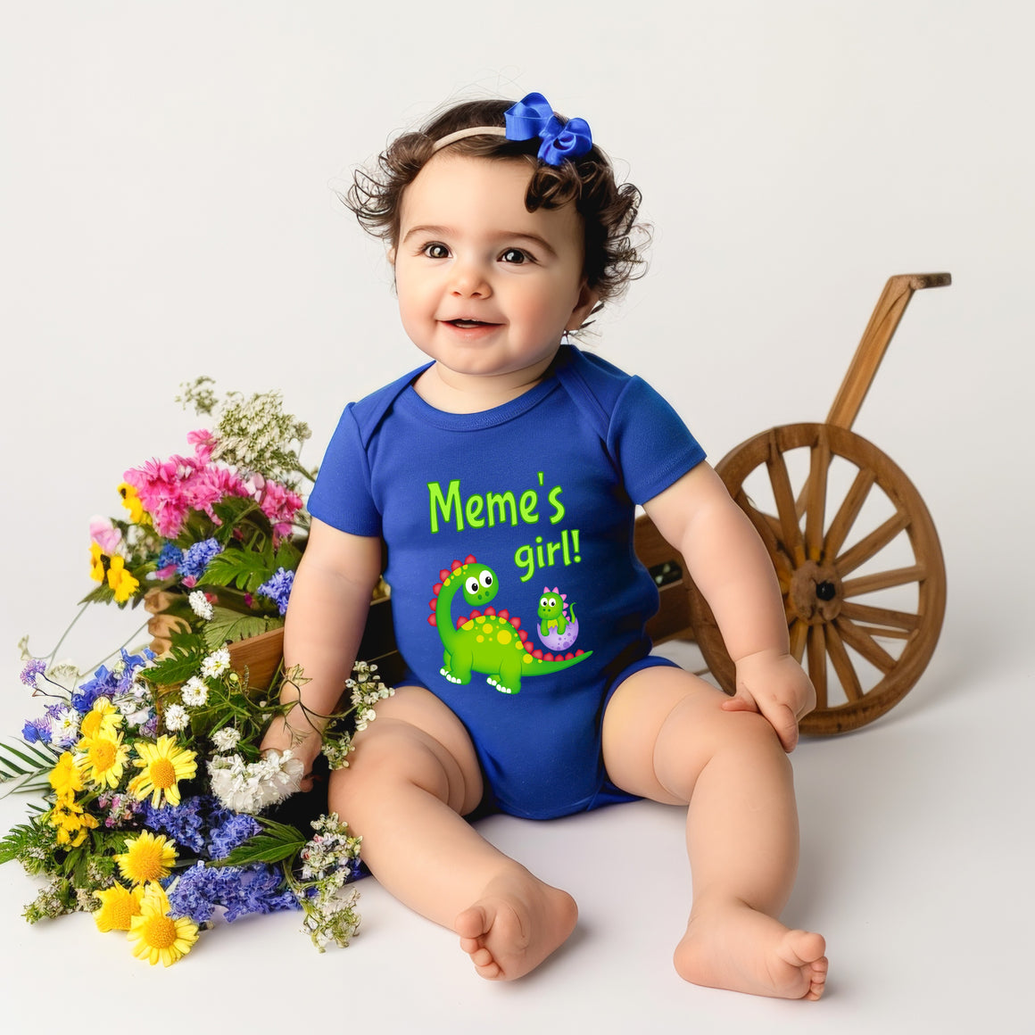Meme's Girl Cute Grandma Name Dinosaur Baby Bodysuit Tshirt or Toddler Shirt for a Special Grandmother Gift or Pregnancy Reveal Announcement