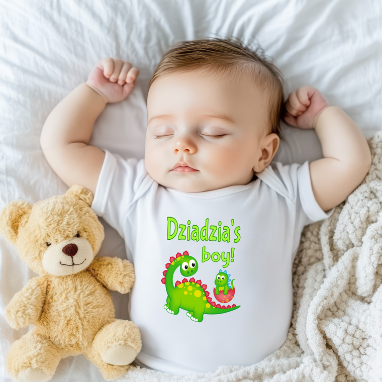 Dziadzia's Boy Cute Grandpa Name Dinosaur Baby Bodysuit, Tshirt or Toddler Shirt for a Polish Grandfather Gift or Pregnancy Announcement