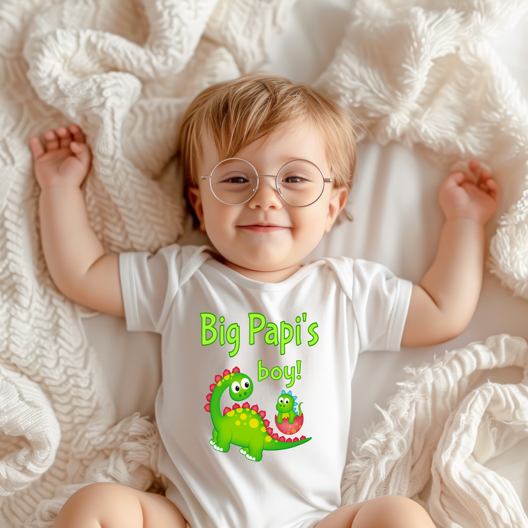 Big Papi's Boy Cute Grandpa Name Dinosaur Baby Bodysuit, Tshirt or Toddler Shirt for a Special Grandfather Gift or Pregnancy Announcement