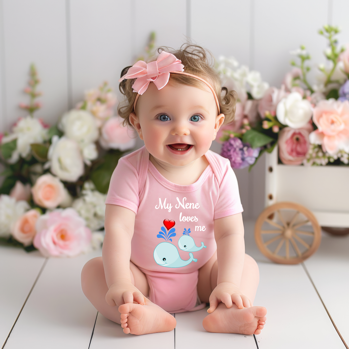 A smiling baby girl wearing a pink outfit with a whale design sits on a wooden floor, surrounded by a bouquet of flowers.