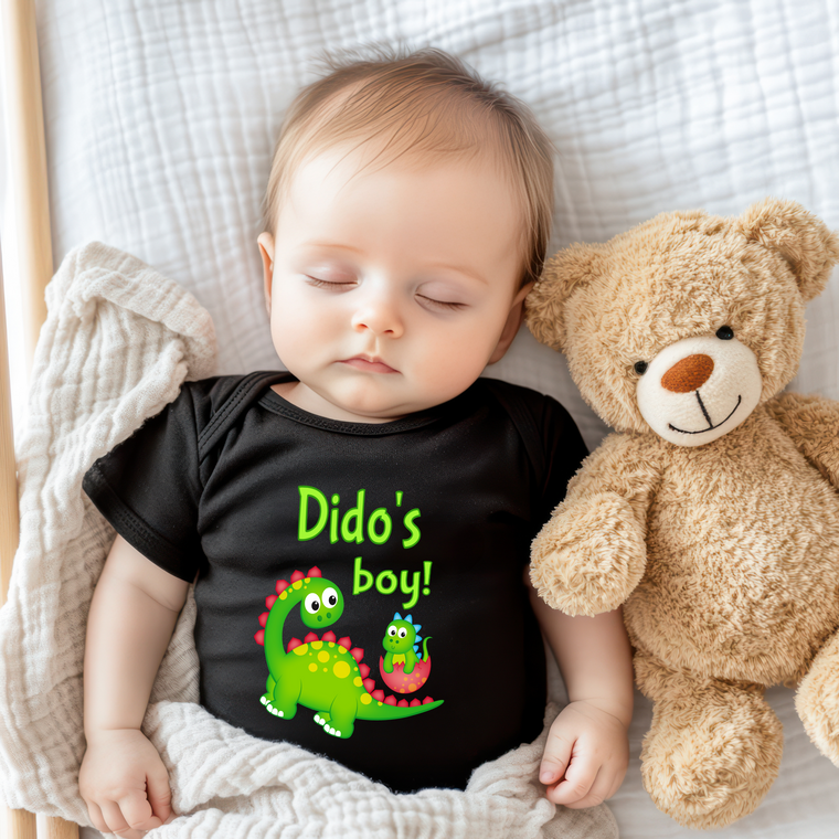 A sleeping baby wearing a black shirt with a dinosaur graphic and the text "Dido's boy!" next to a brown teddy bear.