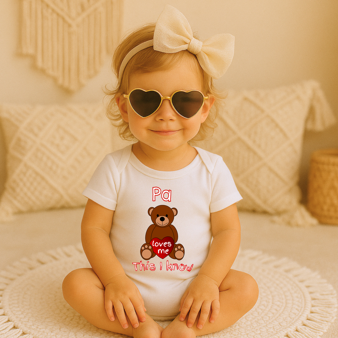 A smiling baby girl wearing a white t-shirt with a teddy bear graphic and heart-shaped sunglasses, sitting on a white rug.