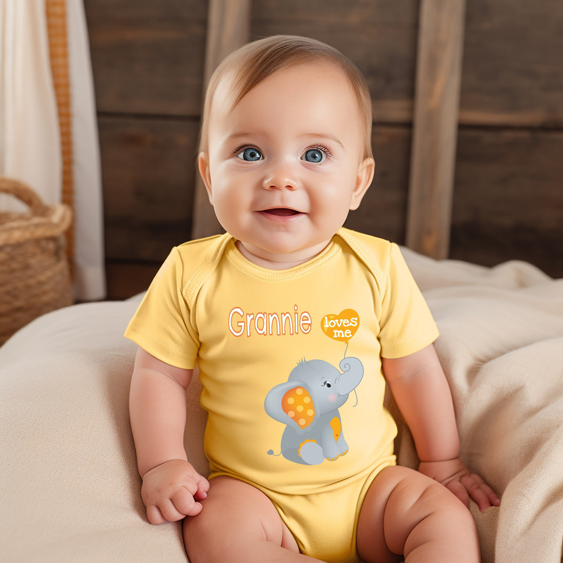 Grannie Loves Me Cute Grandma Name Elephant Baby Bodysuit, Tshirt or Toddler Shirt Special Grandmother Gift, Pregnancy Reveal Announcement