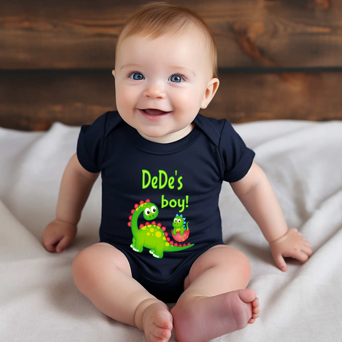 A smiling baby wearing a black t-shirt with a dinosaur graphic and the text "DeDe's boy!"