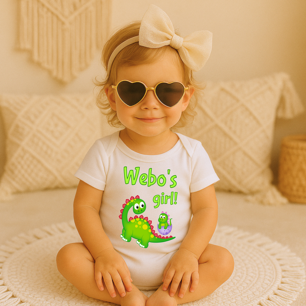 A young girl wearing a white onesie with a green dinosaur and the text "Webo's girl!" is sitting on a bed, smiling and wearing heart-shaped sunglasses.