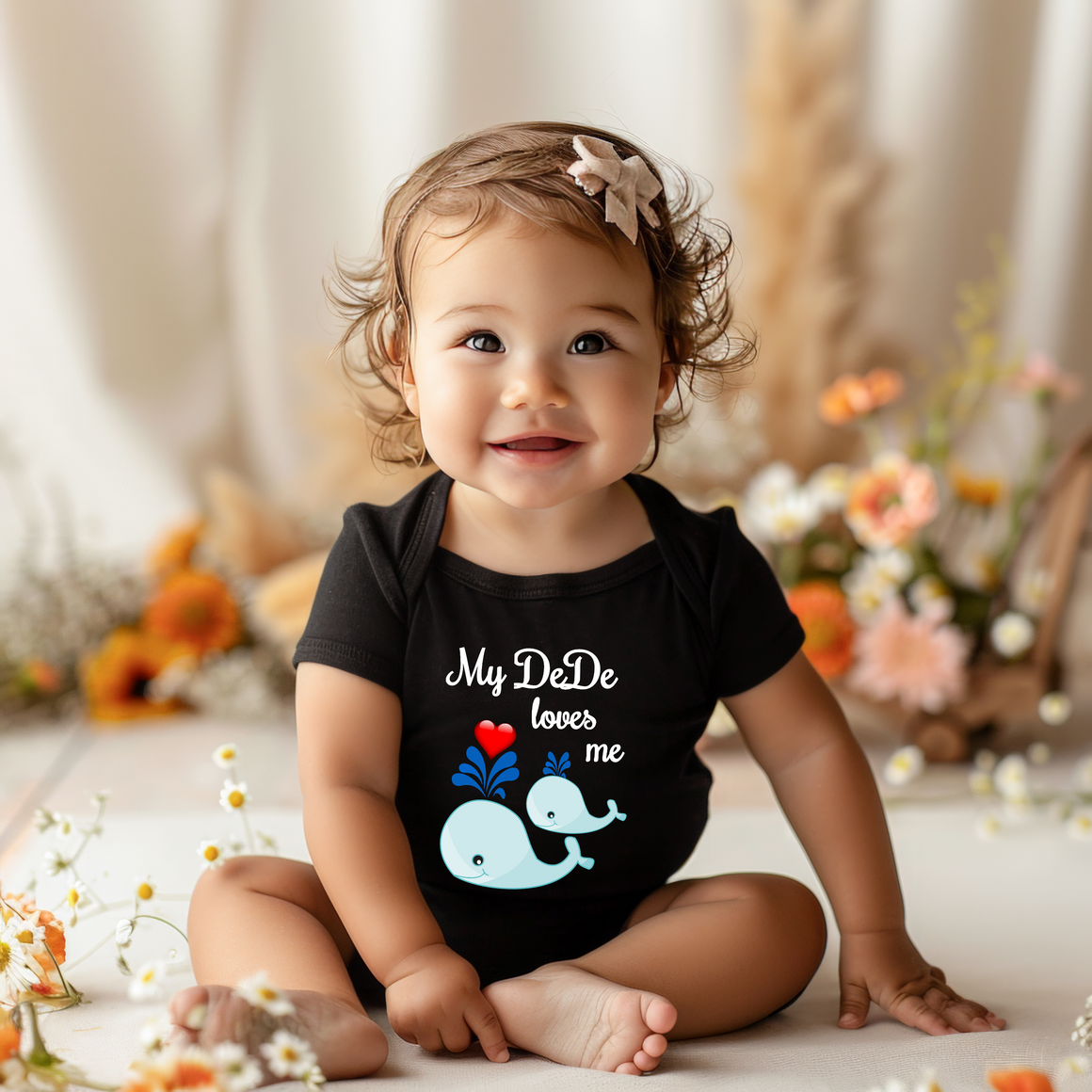 A smiling baby girl wearing a black shirt with a whale graphic and the text "My De loves me" is sitting on the floor surrounded by flowers.