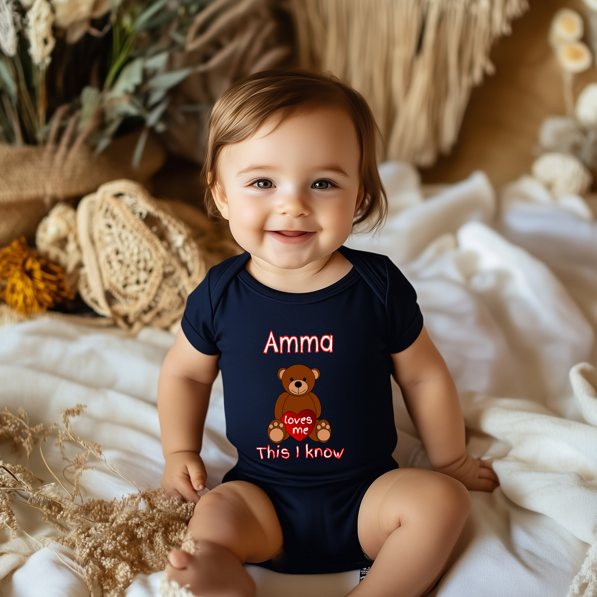 A smiling baby boy wearing a navy blue onesie with a teddy bear and text on it, sitting on a bed with a floral background.