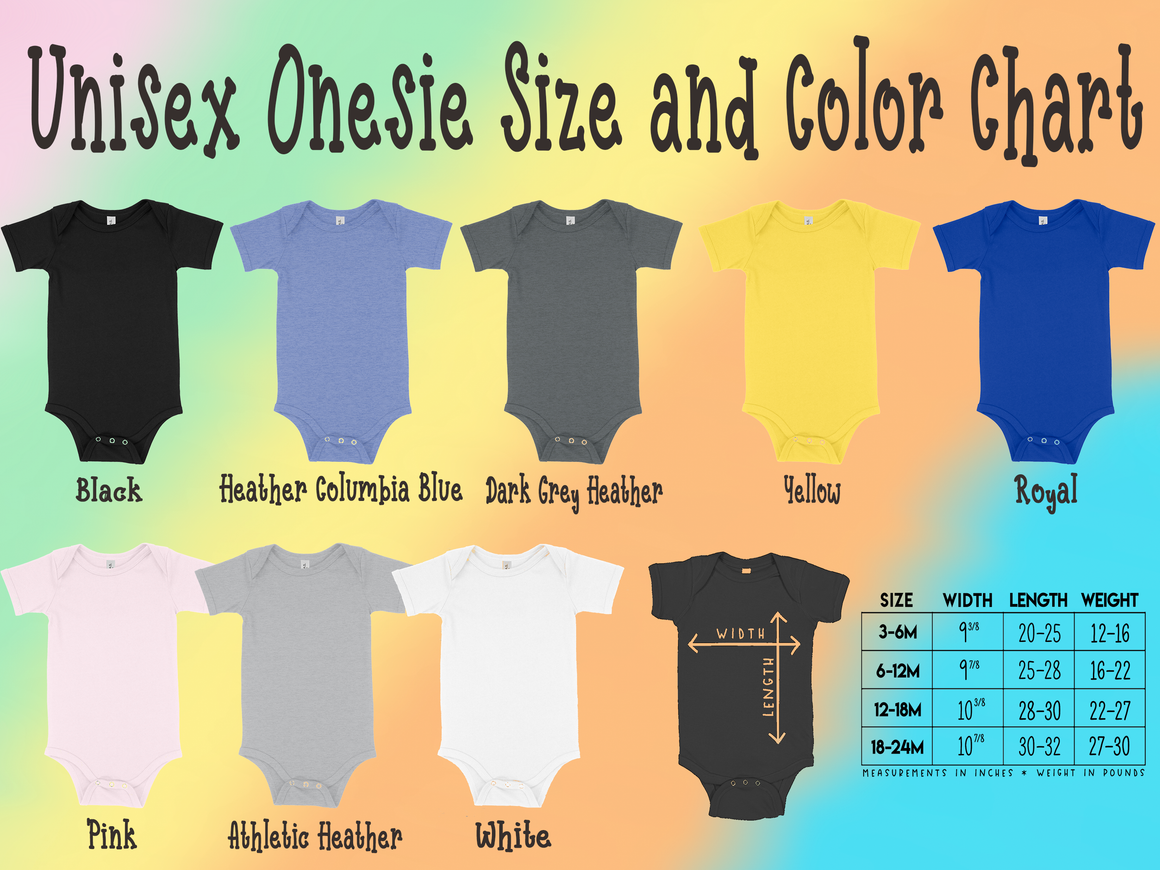 a color chart for unisex onesies, showing the size and color options available for each size.
