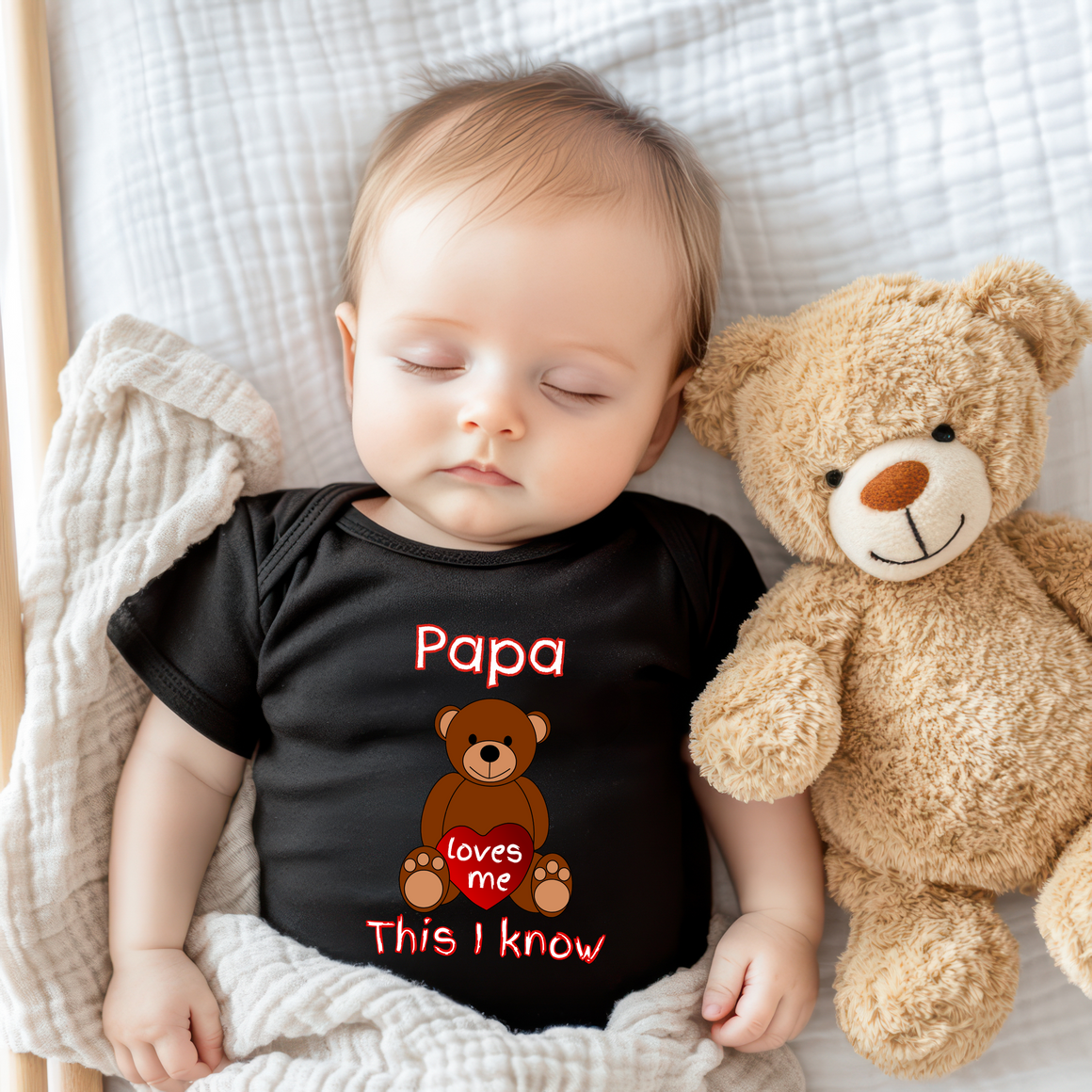 A sleeping baby wearing a black t-shirt with a teddy bear next to them.