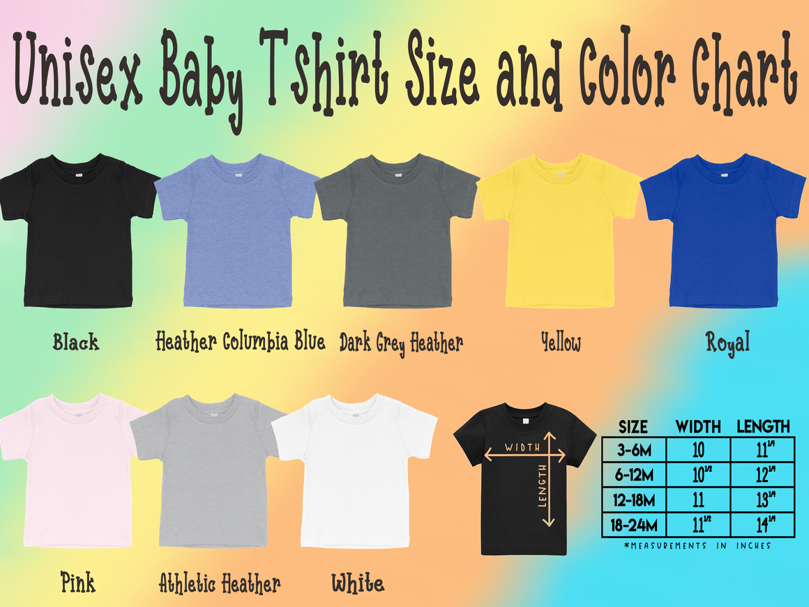 a color chart for a unisex baby t-shirt, with various color options and corresponding size and width measurements.