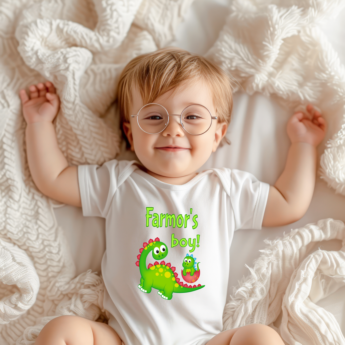 A smiling baby wearing a white onesie with a dinosaur graphic and the text "Farmer's boy!" lying on a white blanket.