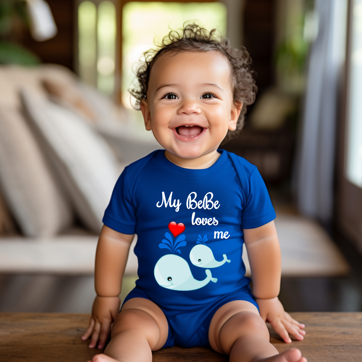 A smiling baby boy wearing a blue shirt with a whale design and the text "My Belie loves me" is sitting on a wooden surface.