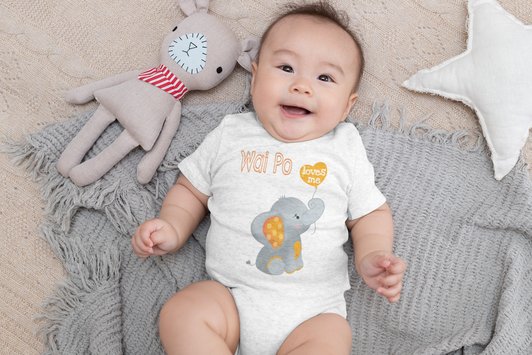 A smiling baby lies on a gray blanket, wearing a white onesie with an elephant design and the text "Wai Po" above it. Next to the baby is a stuffed animal, and there is a white star decoration on the blanket.