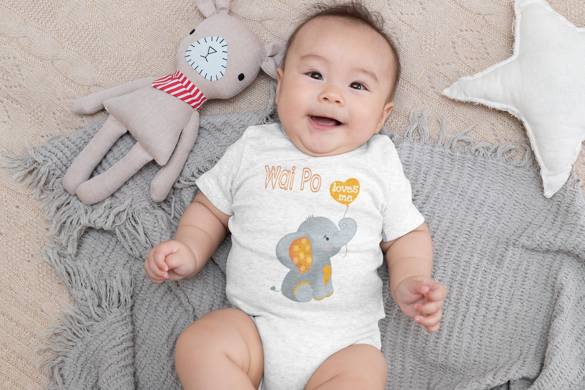 A smiling baby lies on a gray blanket, wearing a white onesie with an elephant design and the text "Wai Po" above it. Next to the baby is a stuffed animal, and there is a white star decoration on the blanket.