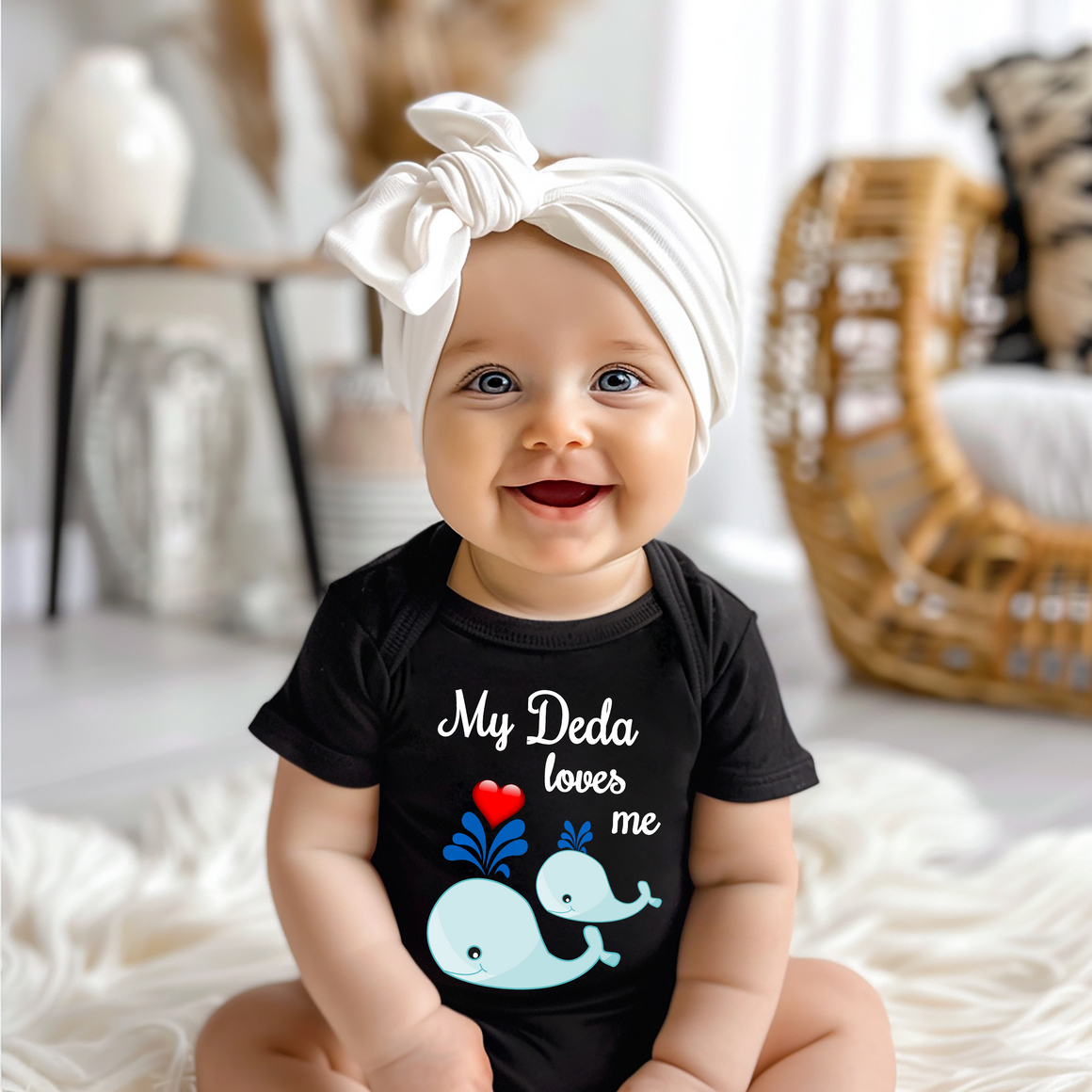 A smiling baby girl wearing a black t-shirt with a whale graphic and the text "My Dada loves me" is sitting on a white surface.