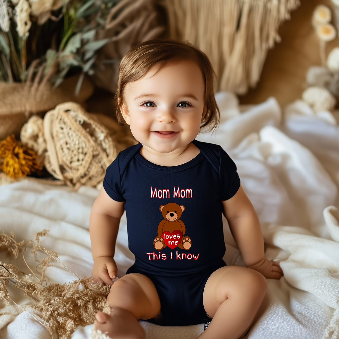 A smiling baby wearing a blue onesie with a teddy bear and text that says "Mom Mom loves me This I know".