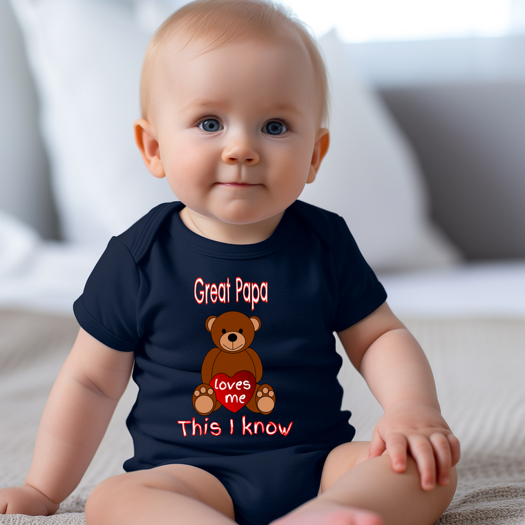 A smiling baby wearing a navy blue t-shirt with a teddy bear graphic and text that says "Great Papa loves me This I know".