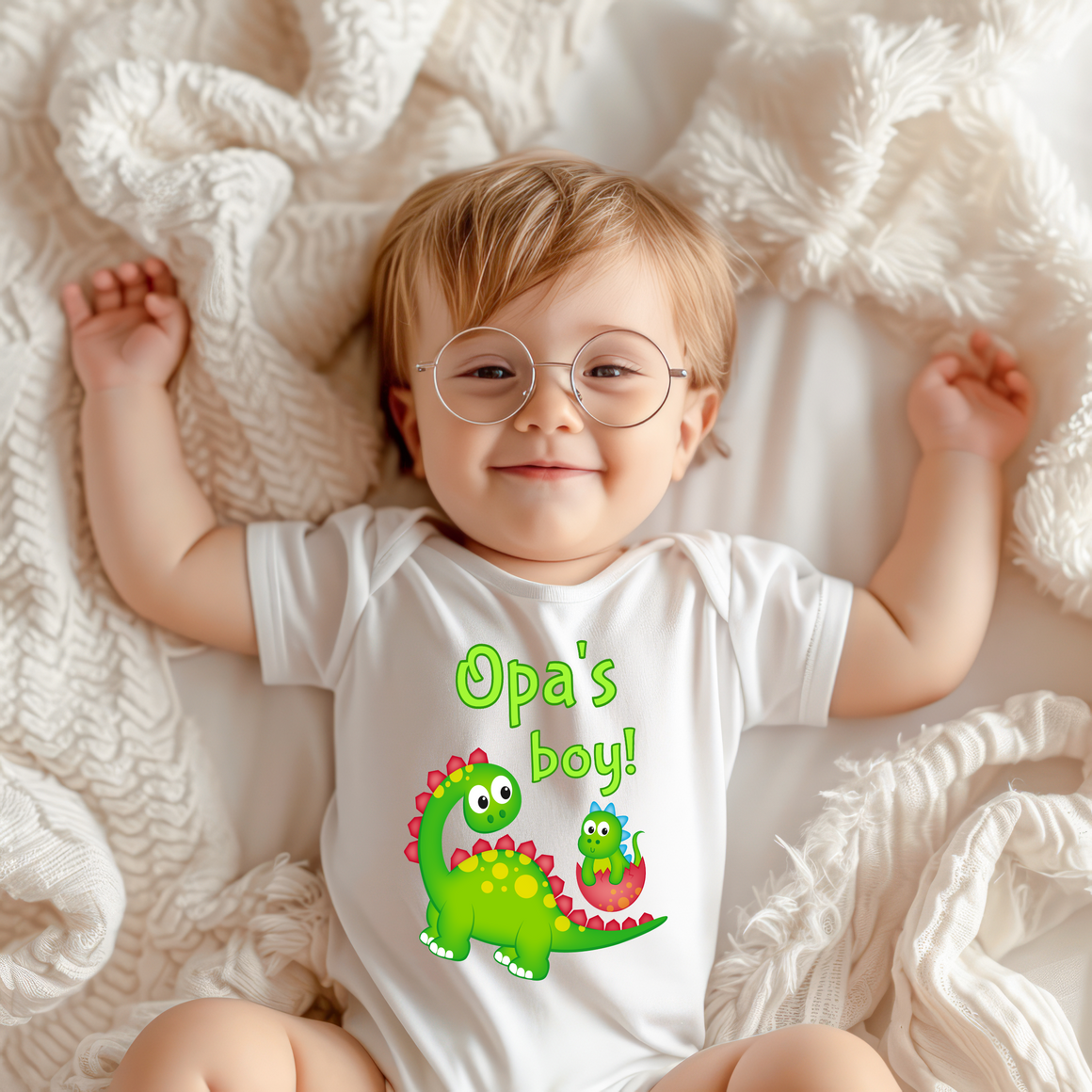A smiling baby wearing a white onesie with a dinosaur graphic and the text "Op's boy!" lying on a white blanket.